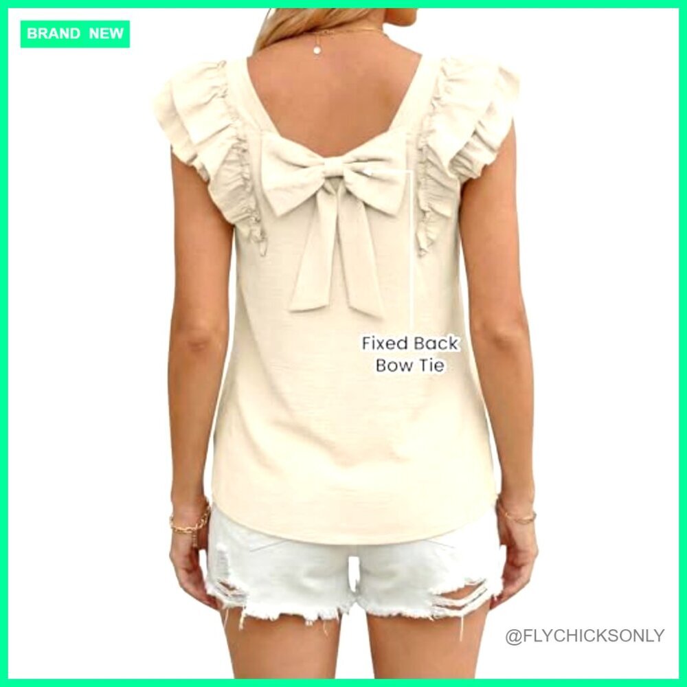 Ruffle Sleeve Bow Back Blouse, Lightweight Polyester, Loose Fit Summer Top - Picture 4 of 7
